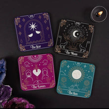 Load image into Gallery viewer, Set of Four Tarot Card Coaster Set | The Star | The Moon | The Lovers | The Sun |