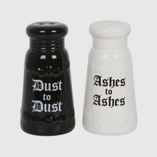 Load image into Gallery viewer, Ashes to Ashes Dust to Dust Ceramic Salt and Pepper Shakers