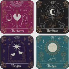 Load image into Gallery viewer, Set of Four Tarot Card Coaster Set | The Star | The Moon | The Lovers | The Sun |