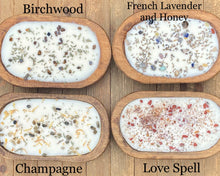 Load image into Gallery viewer, 24 oz Oval Candle with Crystal Chips and Herbs in Hand Carved Wooden Bowl
