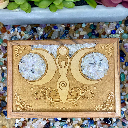Wooden Box - Moon Goddess with Rainbow Moonstone Crystal