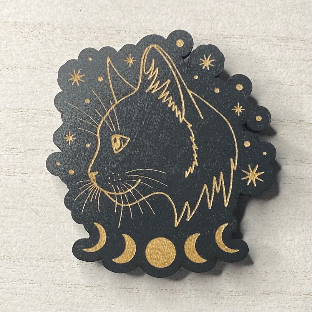 Mystic Maus Moon Cat Wooden Mystical Magnet