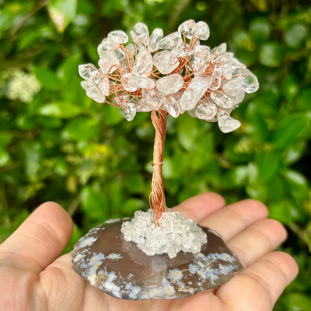 Clear Quartz Crystal Chip Tree on Agate Slice