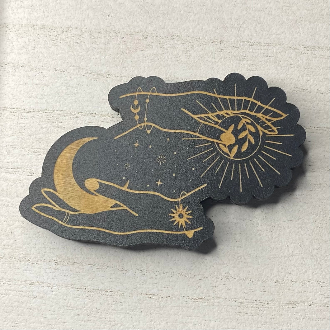 Sun and Moon in Hands Wooden Magnet