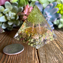 Load image into Gallery viewer, Orgonite Pyramid with Unakite Chips and Peridot Copper Tree
