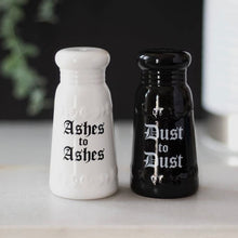 Load image into Gallery viewer, Ashes to Ashes Dust to Dust Ceramic Salt and Pepper Shakers
