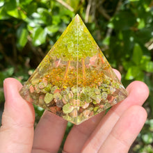 Load image into Gallery viewer, Orgonite Pyramid with Unakite Chips and Peridot Copper Tree
