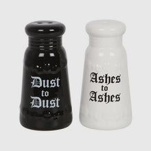 Load image into Gallery viewer, Ashes to Ashes Dust to Dust Ceramic Salt and Pepper Shakers
