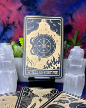 Load image into Gallery viewer, 10 | The Wheel of Fortune Tarot Card | Major Arcana | Mystic Wooden Major Arcana Tarot | Witchy Birch Major Arcana Décor Card | Painted Black
