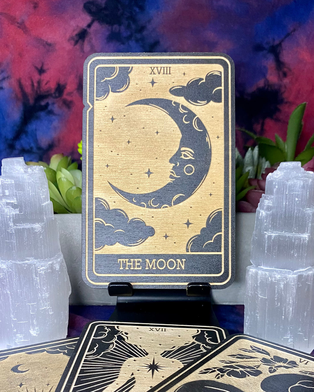 The Moon Tarot Card | Major Arcana | Mystic Wooden Major Arcana Tarot | Witchy Birch Major Arcana Décor Card | Painted Black