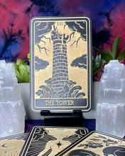 Load image into Gallery viewer, 16 | The Tower Tarot Card | Major Arcana | Mystic Wooden Major Arcana Tarot | Witchy Birch Major Arcana Décor Card | Painted Black
