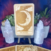 Load image into Gallery viewer, 18 | The Moon Tarot Card | Major Arcana | Mystic Wooden Major Arcana Tarot | Witchy Birch Major Arcana Décor Card | Natural WoodGrain

