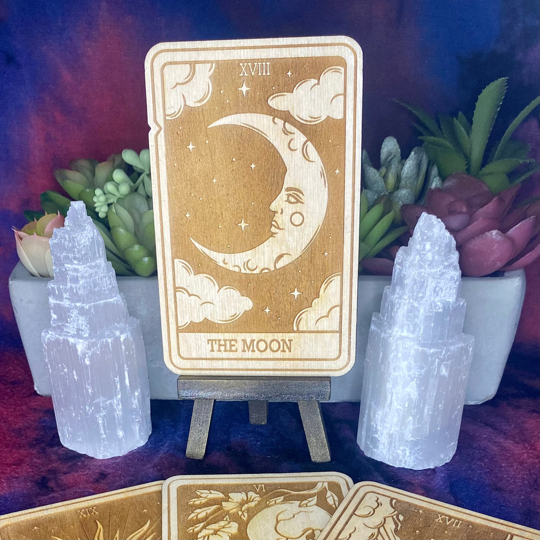 18 | The Moon Tarot Card | Major Arcana | Mystic Wooden Major Arcana Tarot | Witchy Birch Major Arcana Décor Card | Natural WoodGrain