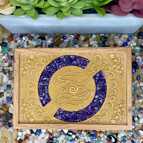 Wooden Box - Healing Hands with Amethyst Crystal