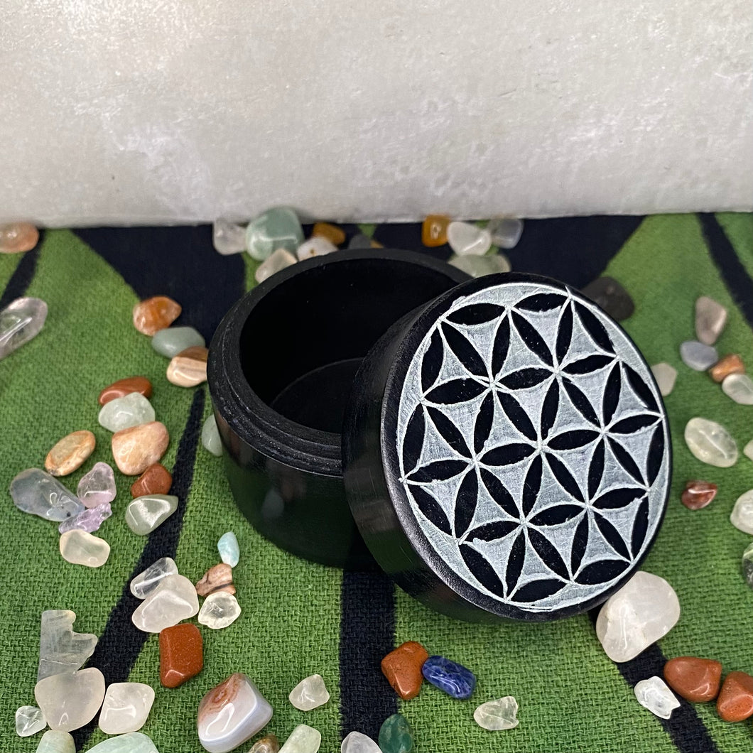Flower of Life - Black Soapstone Round Box