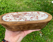 Load image into Gallery viewer, 24 oz Oval Candle with Crystal Chips and Herbs in Hand Carved Wooden Bowl

